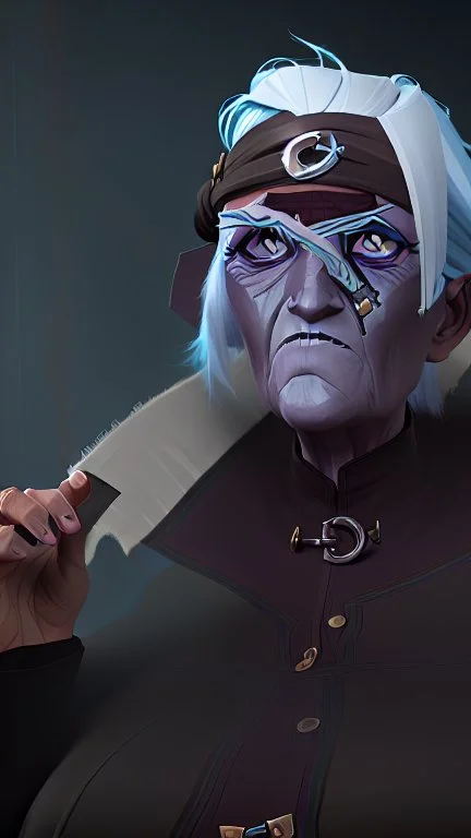 An old woman with white hair and an eye patch