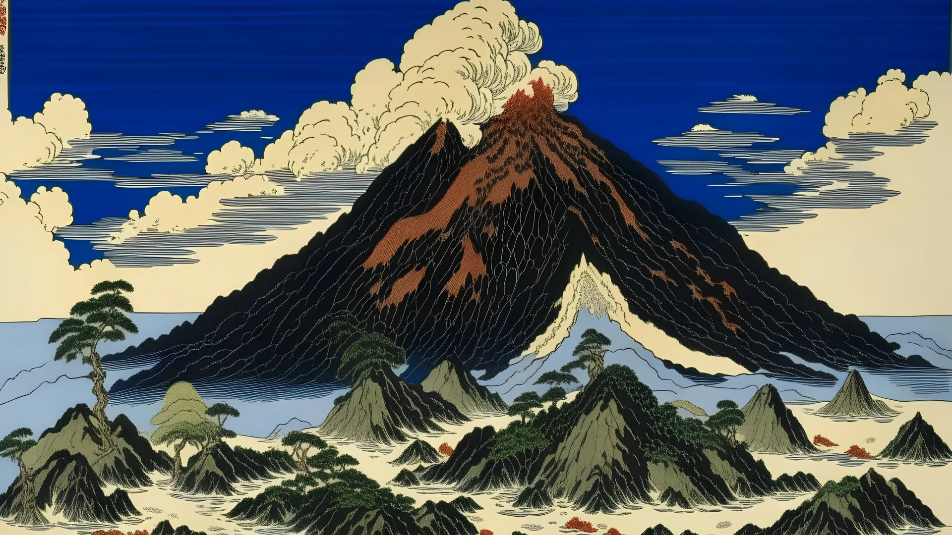 A volcano with scalding hot rocks painted by Katsushika Hokusai