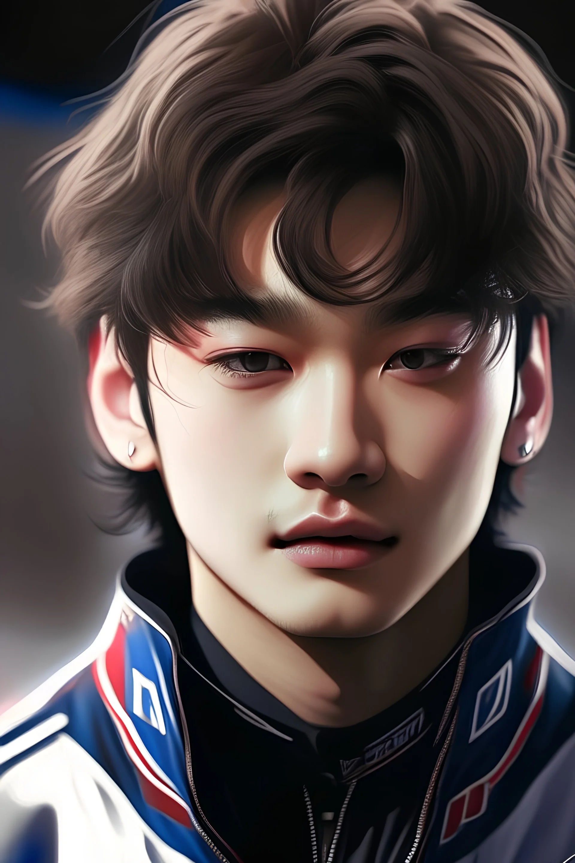 portrait of Hwang Hyunjin from Stray Kids in racing AU