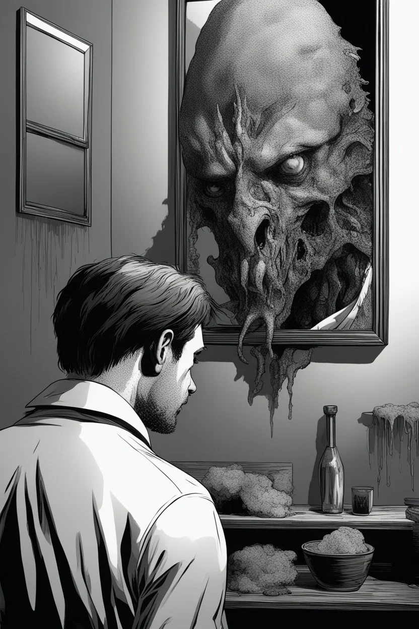 a man looking into a mirror and seeing a horrifying, abstract monstrous reflection