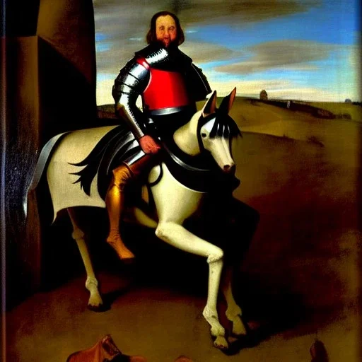 retrato de un caballero medieval con armadura montando a caballo Velazquez style