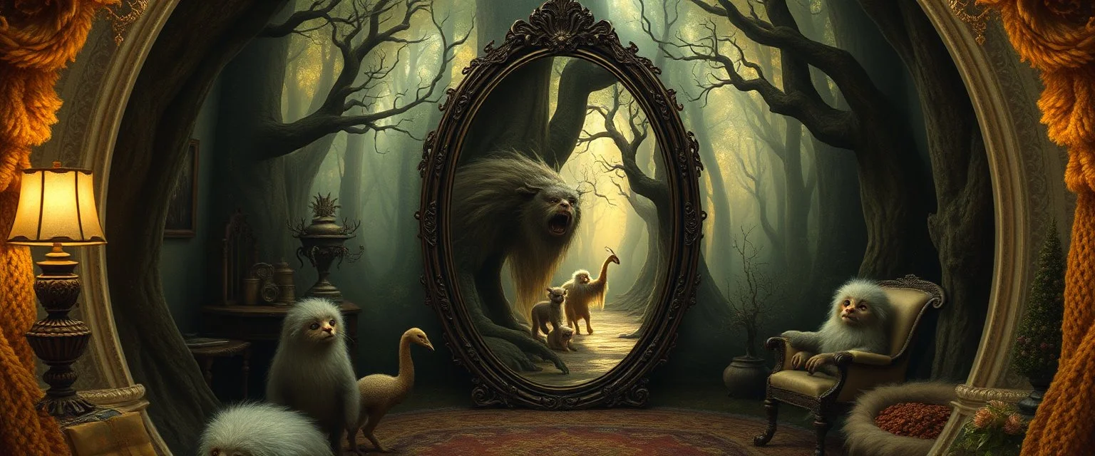 in the magical mirror forest we get a strange portrait of a living room, and you enter the strangest bubble doorway to weird dimension and the aura of its heavenly fluffy elevated messed up woodland and ad & d monster creatures flock painted by Nerdrum and Rembrandt