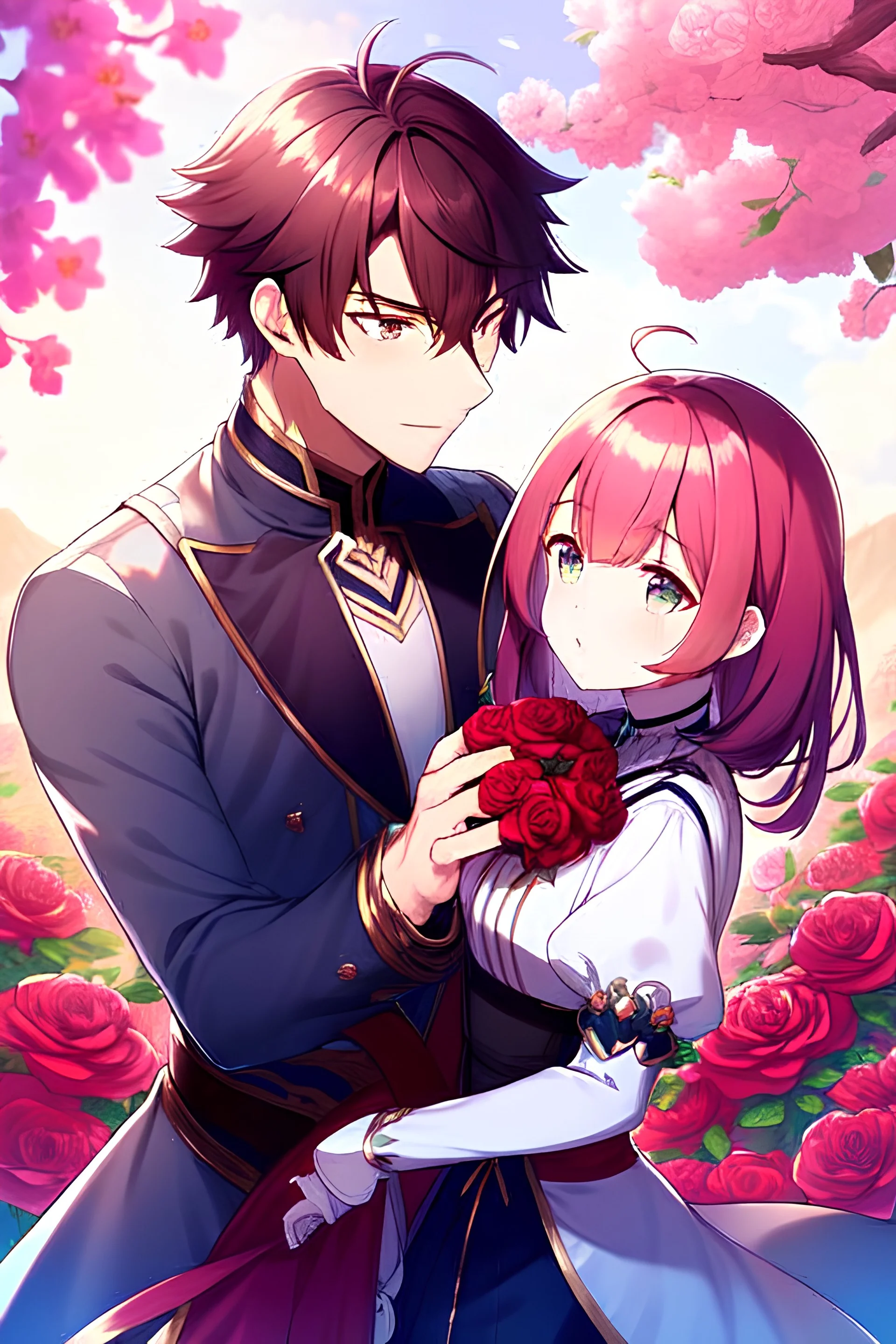 In anime, a maroon-haired male character with a rose flower is in Sakura.