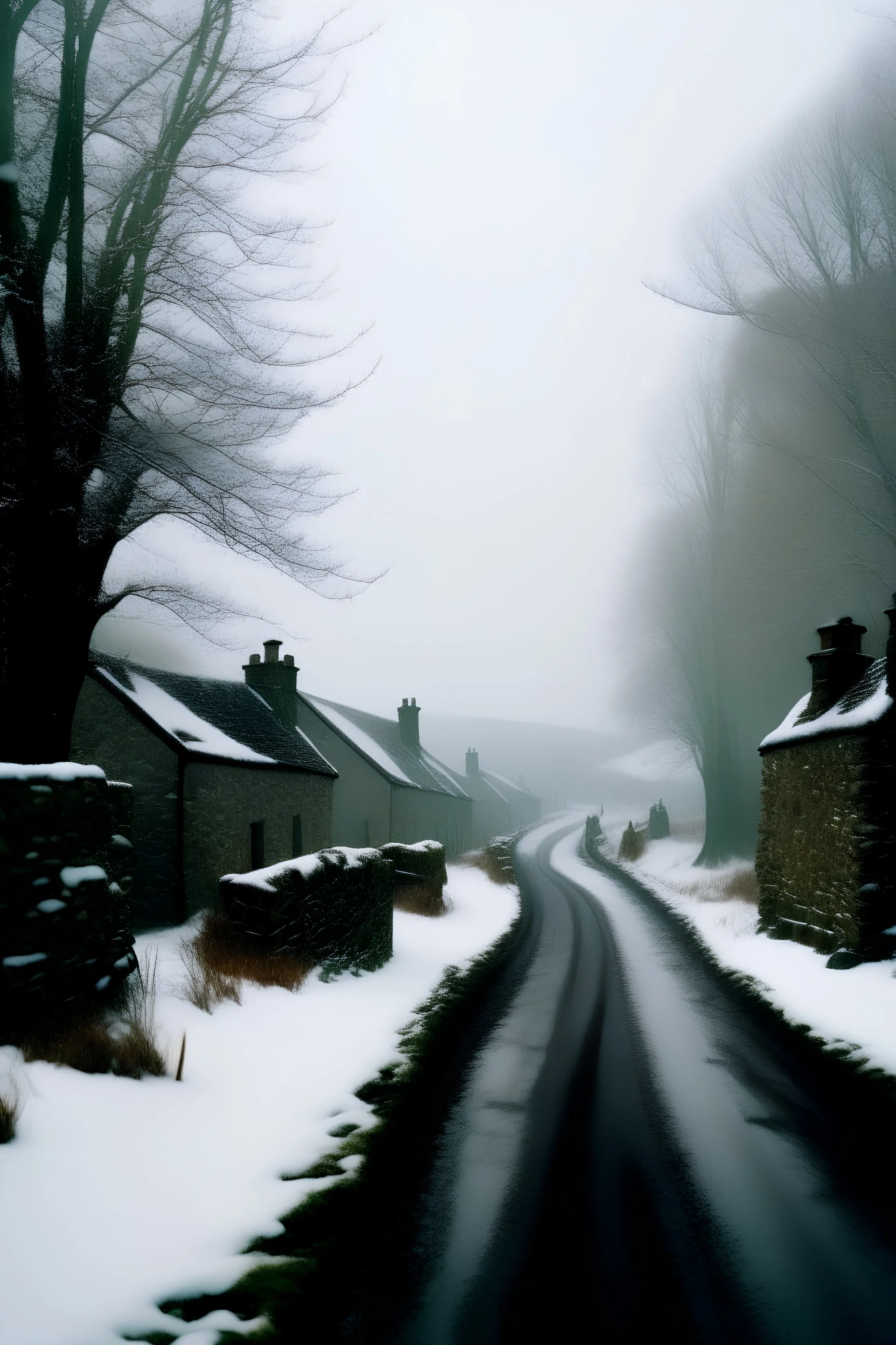 35 mm photo, scottish village in the snow, mist, vanishing point --ar 3:4 --stylize 150
