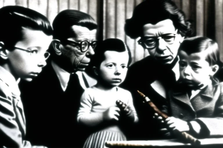 a photo of child-like Simone de Beauvoir and child-like Jean-Paul Sartre meeting child-like Che Guevara who is lighting a cigar for child-like Jean-Paul Sartre