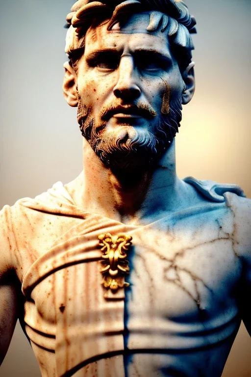 Realistic image, Roman sculpture made in white marble with gold veins, Lionel messi with gold laurel leaves crown, two blue brushes, decorative star on the chest, waist up portrait, marble material, gold ornaments, Baroque style, sun rays background, epic, celestial, cinematic lighting, God lights, 4k resolution, smooth details, soft lighting, unreal engine 5, art station, substance 3d.