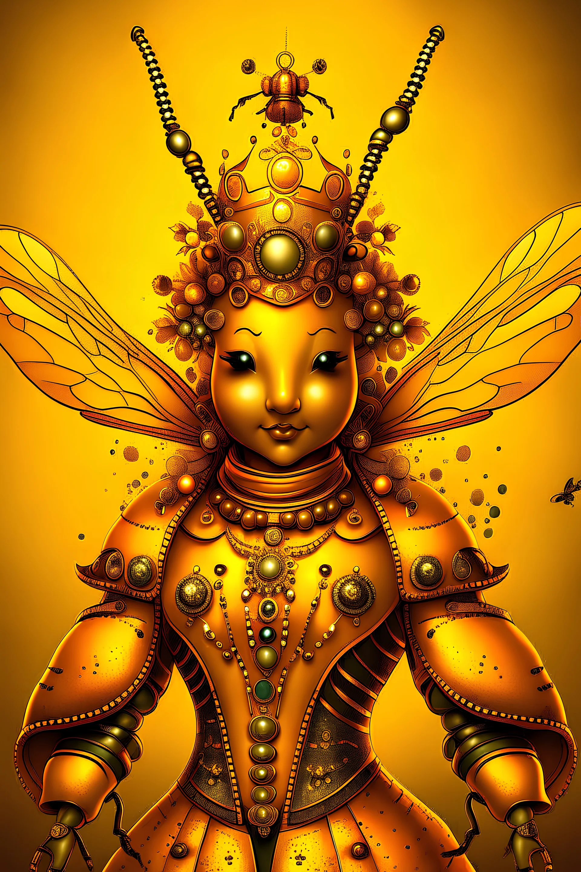 An anthropomorphic queen bee in regal attire, fantasy, digital art