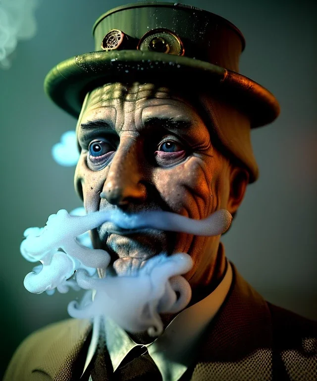 Surreal, steampunk, cabaret scene. Russian old man. Sweat, rain, Feather, smoking, happy, hot, color fog, people background, highly detailed, concept art, unreal engine 5, god rays, ray tracing, RTX, lumen lighting, ultra detail, volumetric lighting, 3d, finely drawn, high definition, high resolution.