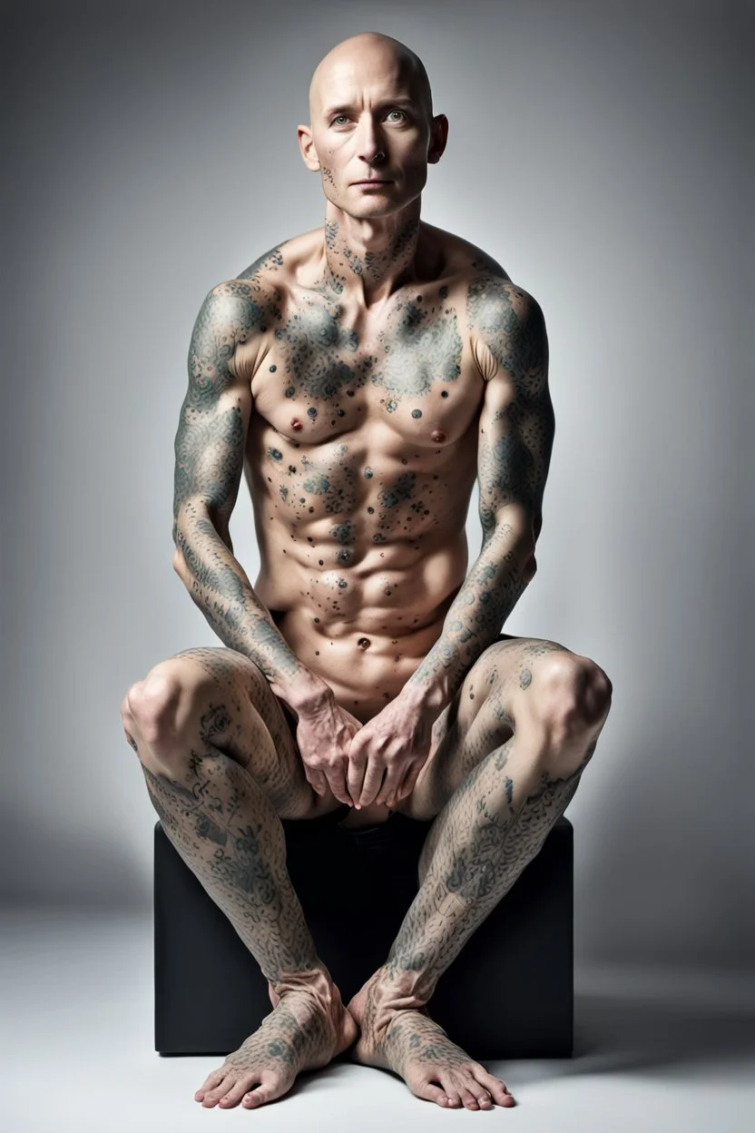 a full body display of a beautiful man with cancer, his skin composed of cancer shaped cells, they cover his entire body like a tattoo, symbolic for wearing his illness on the outside, no hair, in a dramatic pose in a photo studio, he sits with his face slightly hidden as he is shamed, lighting with focus on skin, ultra photo realistic, 32k, highly detailed,. selective colors