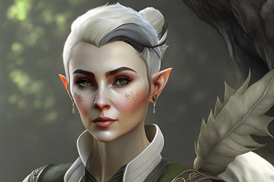 A Fantasy wood elf, a white male elf with black short hair tied up in a bun. Full body, HD