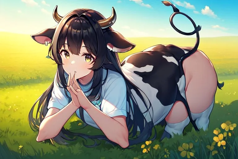 Girl, cow tail, cow horns, cow ears,field, dark hair