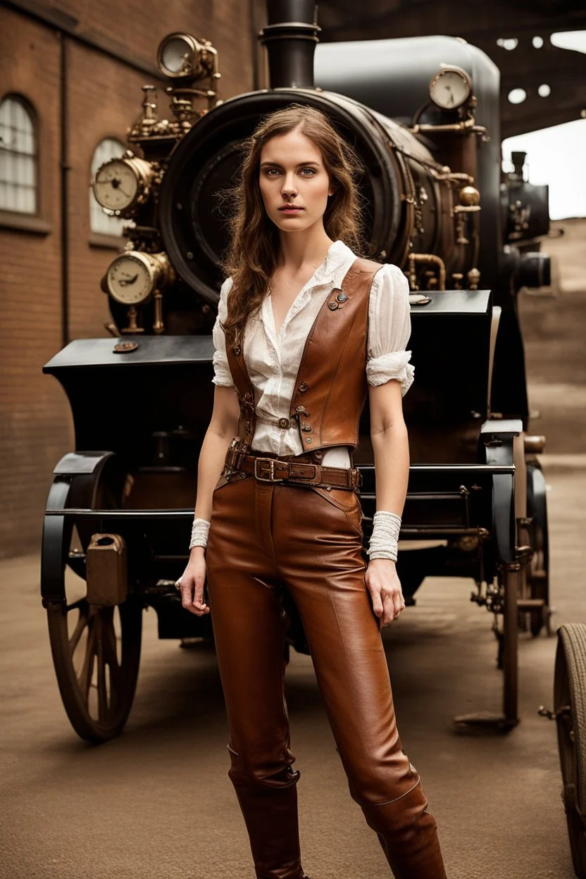 young woman with straight shoulder-length hair, dressed in brown leather trousers and waistcoat, leather gloves in an old industrial courtyard, next to a steampunk steam car on a summers day