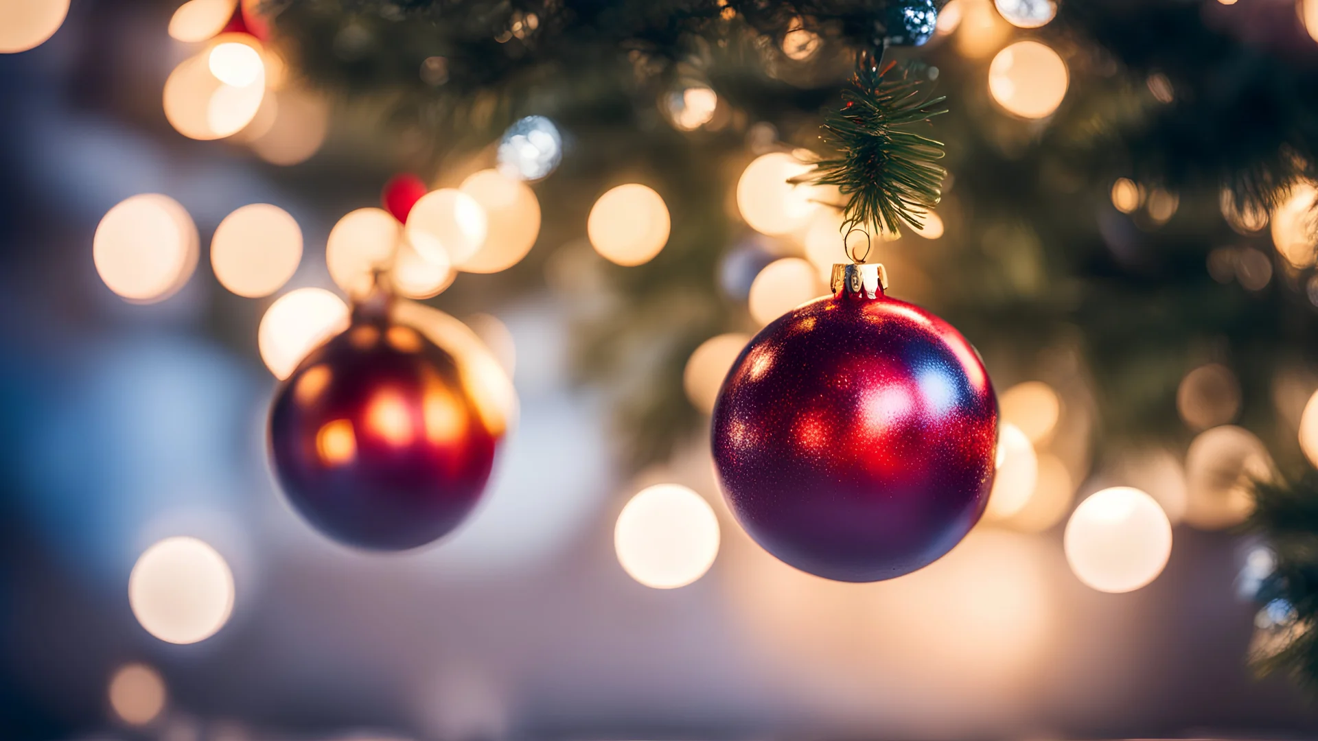 Christmas balls on the tree, side lighting, blurred background