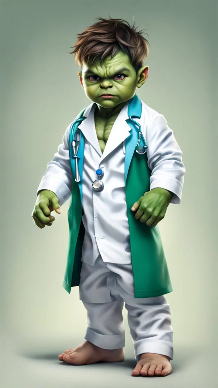 Little baby hulk, full portrait looking at the camera realistically, dressed as a doctor,