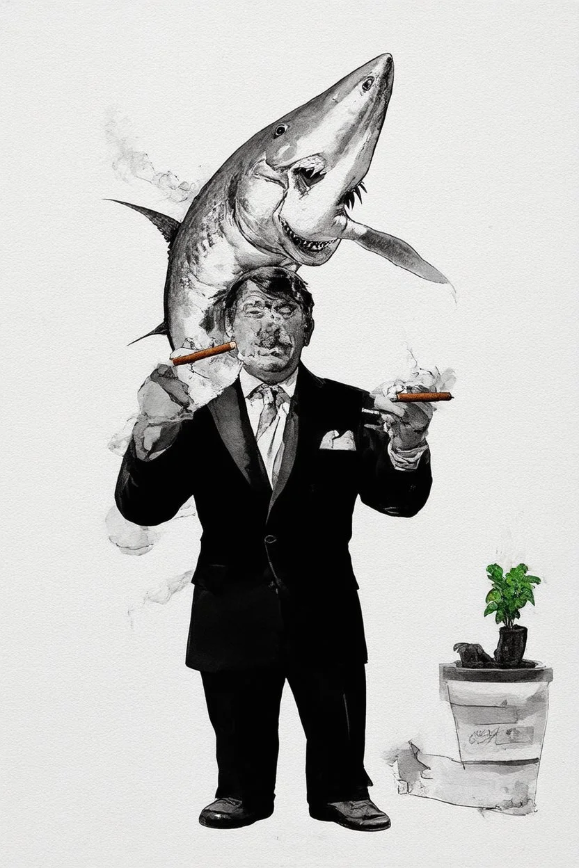 man with catfish shark head smoking a cigarrette in the style of banksy