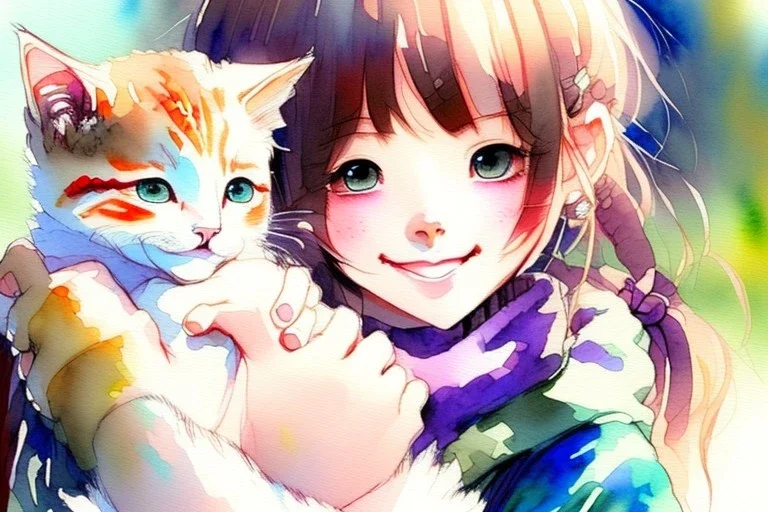 A cute smiling manga girl is holding a kitten. Watercolour