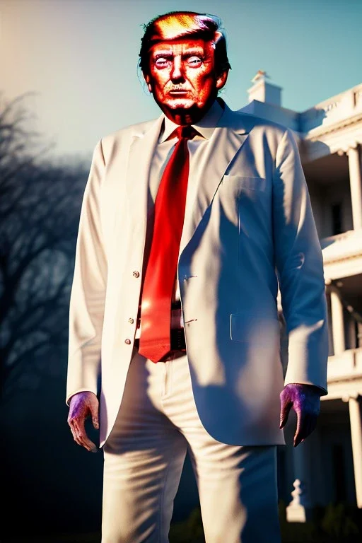 Ultra realistic image night, Donald trump zombie, suit, blood, torn arm, night, the walking dead style, dark ambient, highly detailed, White House background, concept art, unreal engine 5, ray tracing, RTX, ultra detail, volumetric lighting, high definition, high resolution.