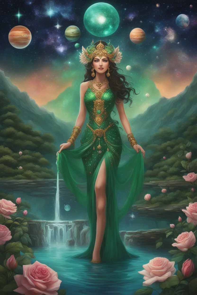 The beautiful goddess of healing and well-being stands on a land of pure water embellished with emeralds. And glass rose trees. And a name. Colored with stars and planets