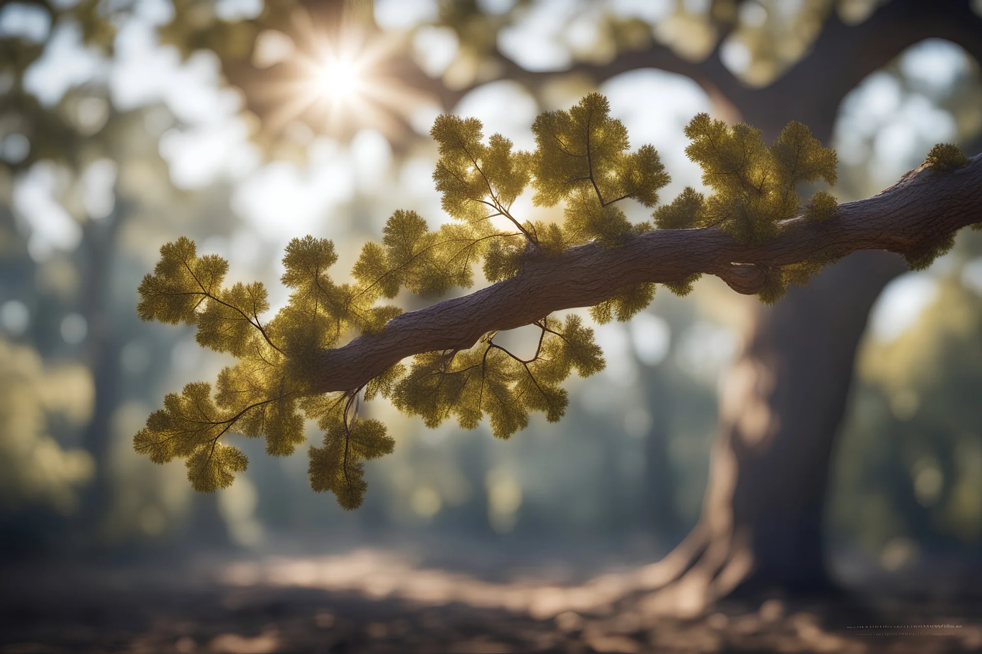 An oak branch, natural volumetric cinematic perfect light, 135mm, photorealistic, no bokeh, good depth of field, award winning photo, beautiful composition, 16k, HDR, sharp focus, masterpiece