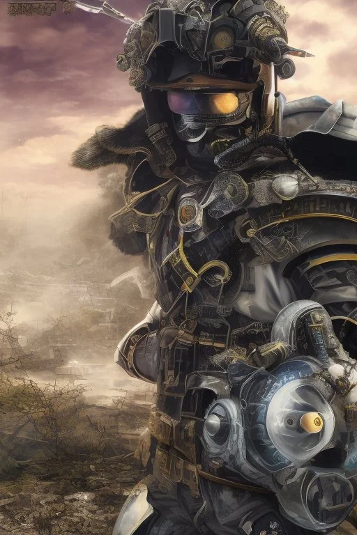 Close image of Anime depiction of a cybernetic samurai in a post-apocalyptic setting, focusing on the intricacies of the armor and weaponry, 8k realistic