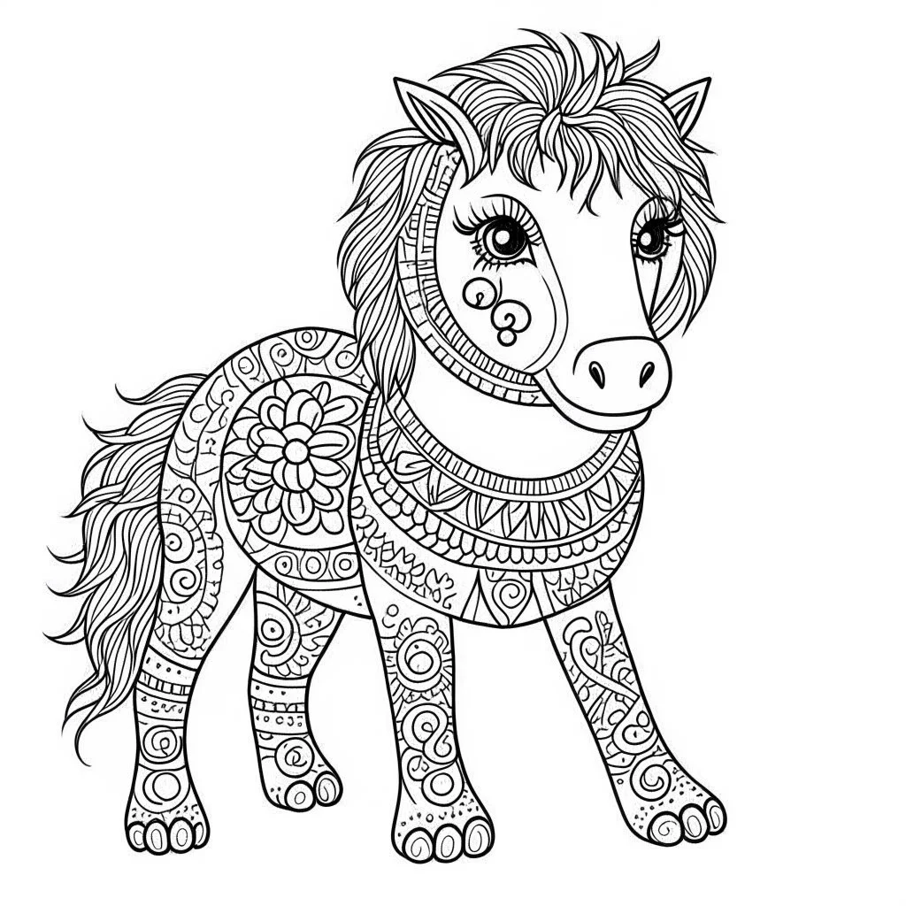 mandala baby horse, happy, cute animals, full view, realistic, coloring page, only draw lines, coloring book, clean line art, –no sketch, color, –ar 3:4, white background, minimalistic black lines, minimal black color, low level black colors, coloring page, avoid thick black colors, thin black line art, avoid colors, perfect shape, perfect clear lines,