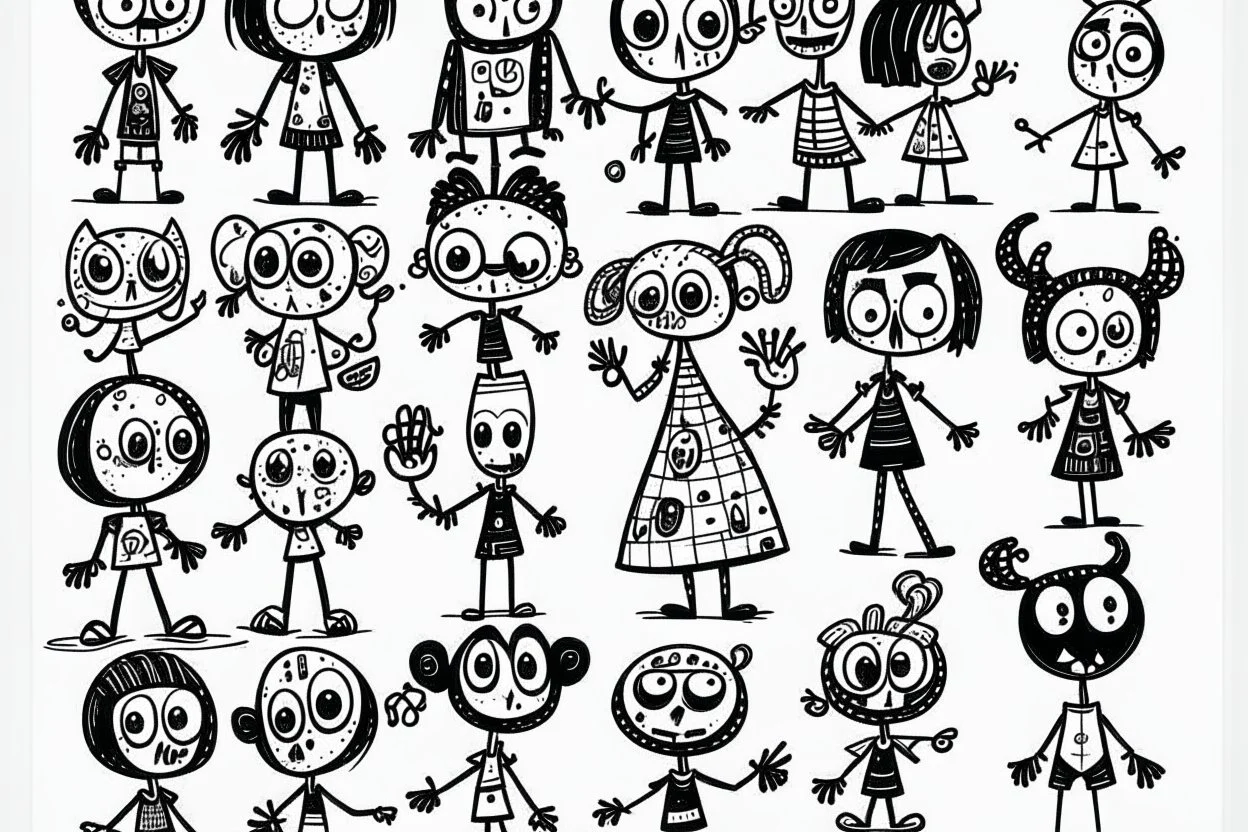 make a bunch of simple hand-drawn spooky and cute cartoon characters with bodies arms, and legs I could draw and make them all different make them looks like the 50s and 60s cartoon art