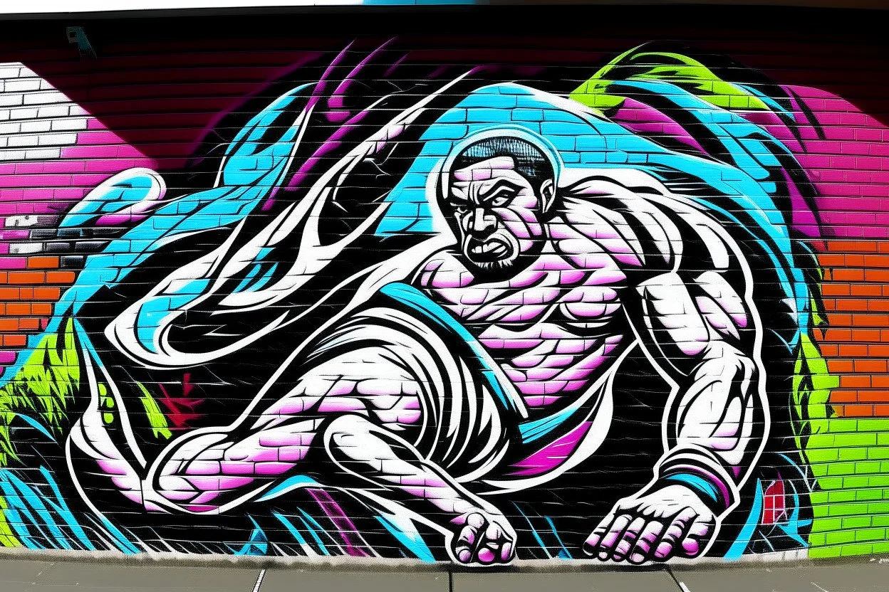 a wrestling graffiti mural wall with the word cell shading style