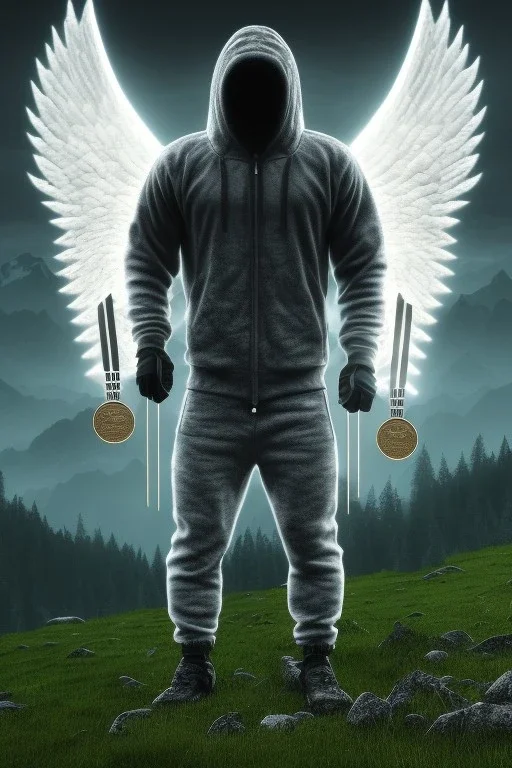 running berserker portrait , no face, black jogging suite , in the night Alps , holding bitcoin , angels background, volumetric gold light, high detail, dark leaf tree, dark mountains in background, perfect