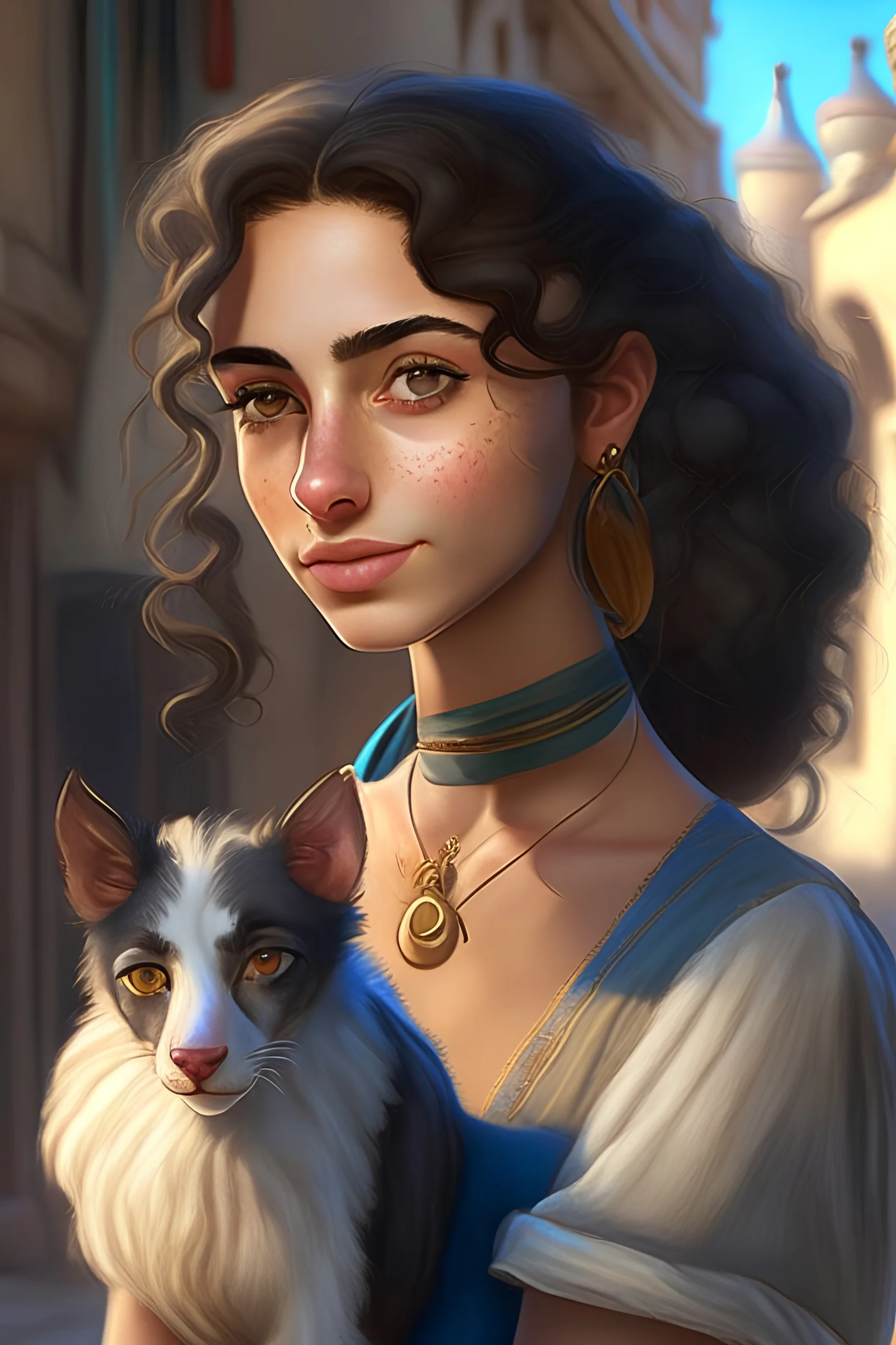 modern disney style female Israeli, highly detailed, with a pet