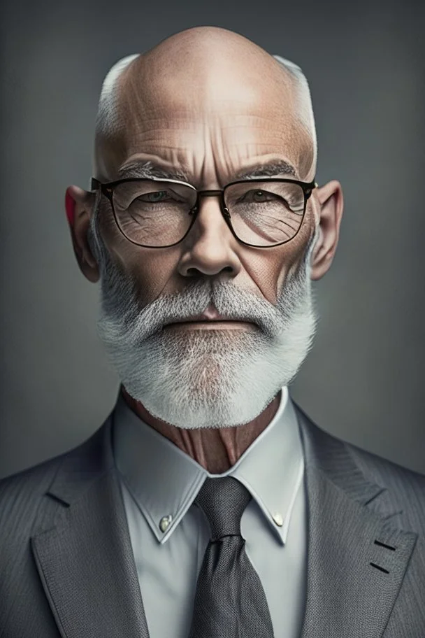 realistic photo portrait of a cocasian middle age bald man, short trimmed silver-gray beard, wearing glasees and black suit