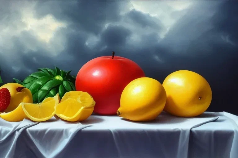 hyperrealistic oil painting, still life, white and oil slick, realistic shaded, perfect shapes, extremely fine details, volumetric lighting, stormy background, 8k ultra realistic, fruits