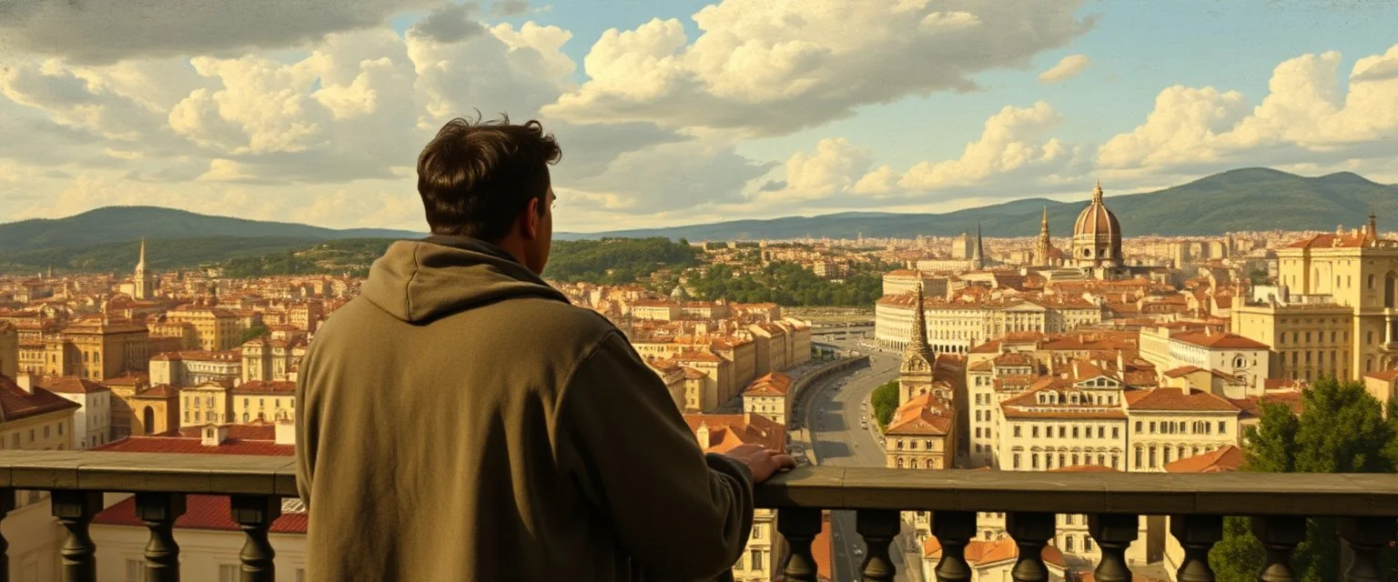 man in a hoodie watching the city from the balcony painted by Caravaggio