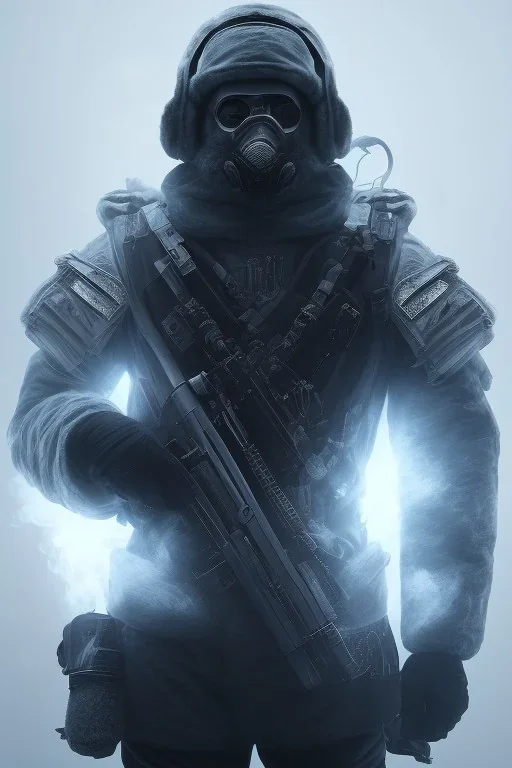 All Black Russian soldier, wearing high tech mask, white smoke, dark, rage, sorrow, high definition, ultra 8 k, volumetric lighting, blue fire, fog