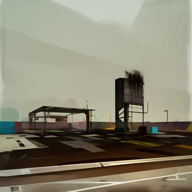 Minimal contemporary abstract oil-painting of desolate 1960s carpark with road markings and concrete fragments. Overlay with grungy typography graphics. style of Justin Mortimer and Francis Bacon.