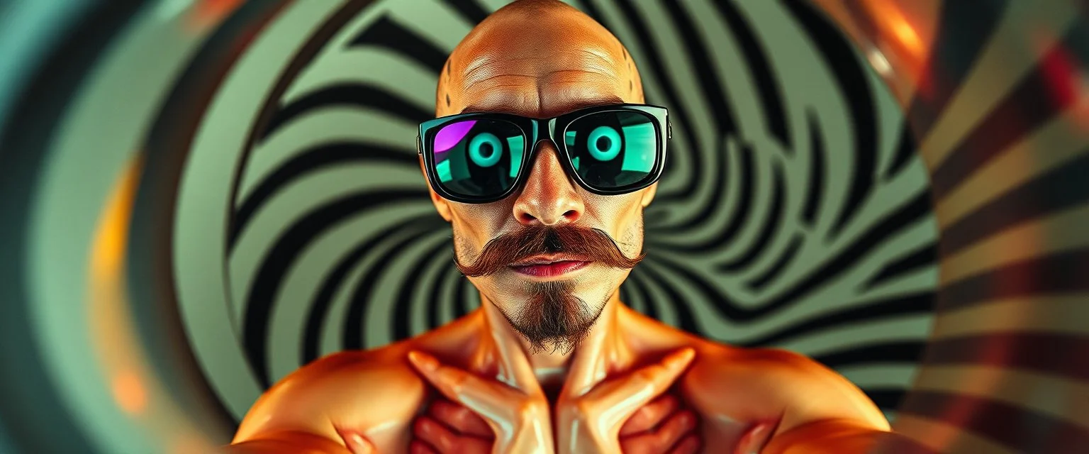gecko weirdo man, through pin hole pic camera, hot dog commercial caravan magic, blissfull genious, ultra chromatic, cyber jobe, flying yoga magic , lawn mover man movie character, portrait of upper body of cool transparent guy made with nano tape and with shades and mustache and bald head, saw blade beholder eye tyrant flating beholder kin with eyes on each saw blade tooth saying something profound, hypnotic zebra twirl background, with chrome reflections