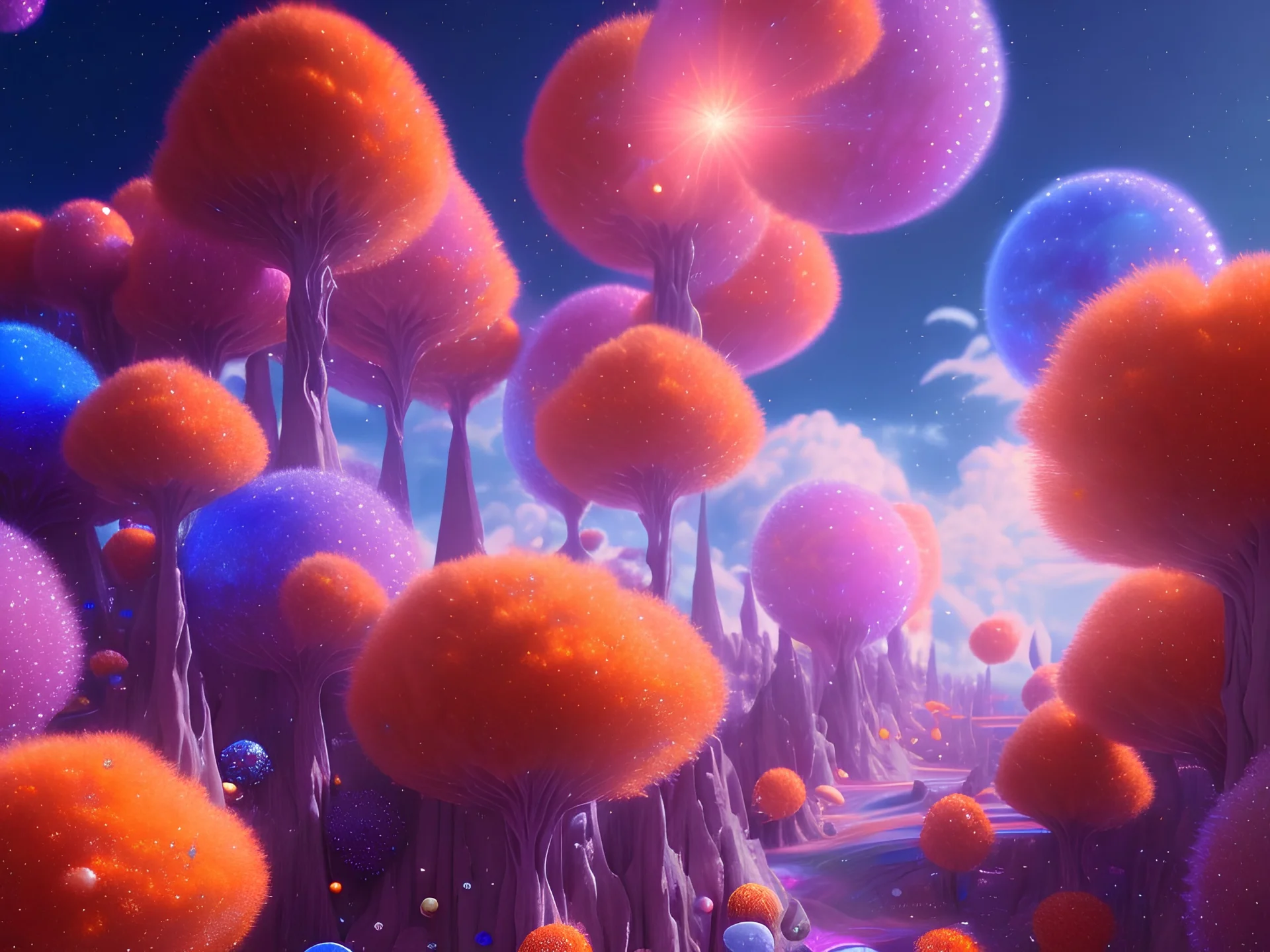 orange and blue crystal cosmic and galactic ambiance hill sky sunny flowers trees landscape, full of details, smooth, bright sunshine，soft light atmosphere, light effect，vaporwave colorful, concept art, smooth, extremely sharp detail, finely tuned detail, ultra high definition, 8 k, unreal engine 5, ultra sharp focus