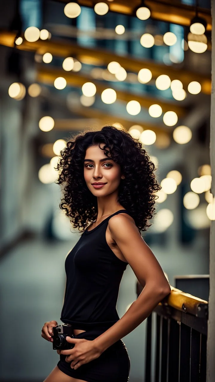 A realistic selfie-style self-portrait of a confident influencer aged arab18-37 in an urban setting, dressed in trendy sportswear or beachwear to showcase her slender figure. Her creative curly black hair shines under softbox lighting accentuating her flawless skin. The vintage camera shot with a macro lens introduces a charming bokeh effect. Every detail, from her complexion to body contour, is outlined for a high-quality image –ar 4:5 –testp –upbeta –octane.