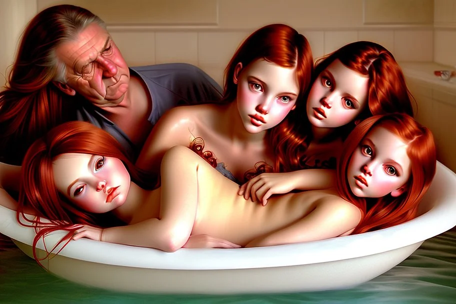 digital art of beautiful young auburn hair teenage girls with dad in the bedroom in a bathtub with grandpa hugging bare lips