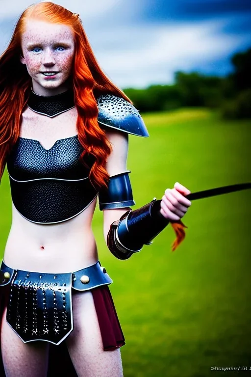 (strikingly beautiful 16 year old charming teen girl:1.2) with (long ginger hair:1.1) and (freckles:1.2) wearing (skimpy leather fantasy armour with halter top and thong:1.3) and (medium cleavage:1.2), tracing, ambient light, highres, (hyperrealistic:1.2), (perfect face:1.1) intricate (high detail:1.1) body, beautiful detailed eyes, plump lips, fantasy theme, Model hash: ddc3021b