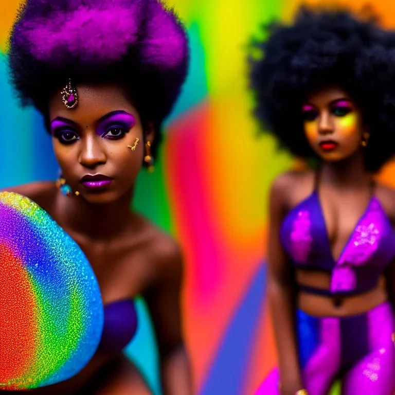 full body shot, masterpiece, best quality, family of three, dark skinned, sparkling eyes, fluorescent skin, colorful makeup, afro, highly detailed body, scifi, sun light, 4K, RAW, depth of field, high contrast, realistic details, 24mm