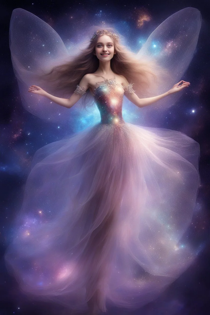 Ragazza cosmica, con capelli lunghi e occhi molto dolci. E' vestita come una ballerina cosmica, con veli tulle e piccole pietre preziose. Ha ali di velo traslucide e danza sorridente nella galassia luminosa. L' immagine è luminosa e dona allegria e delicatezza, si vede l'ansia figura intera