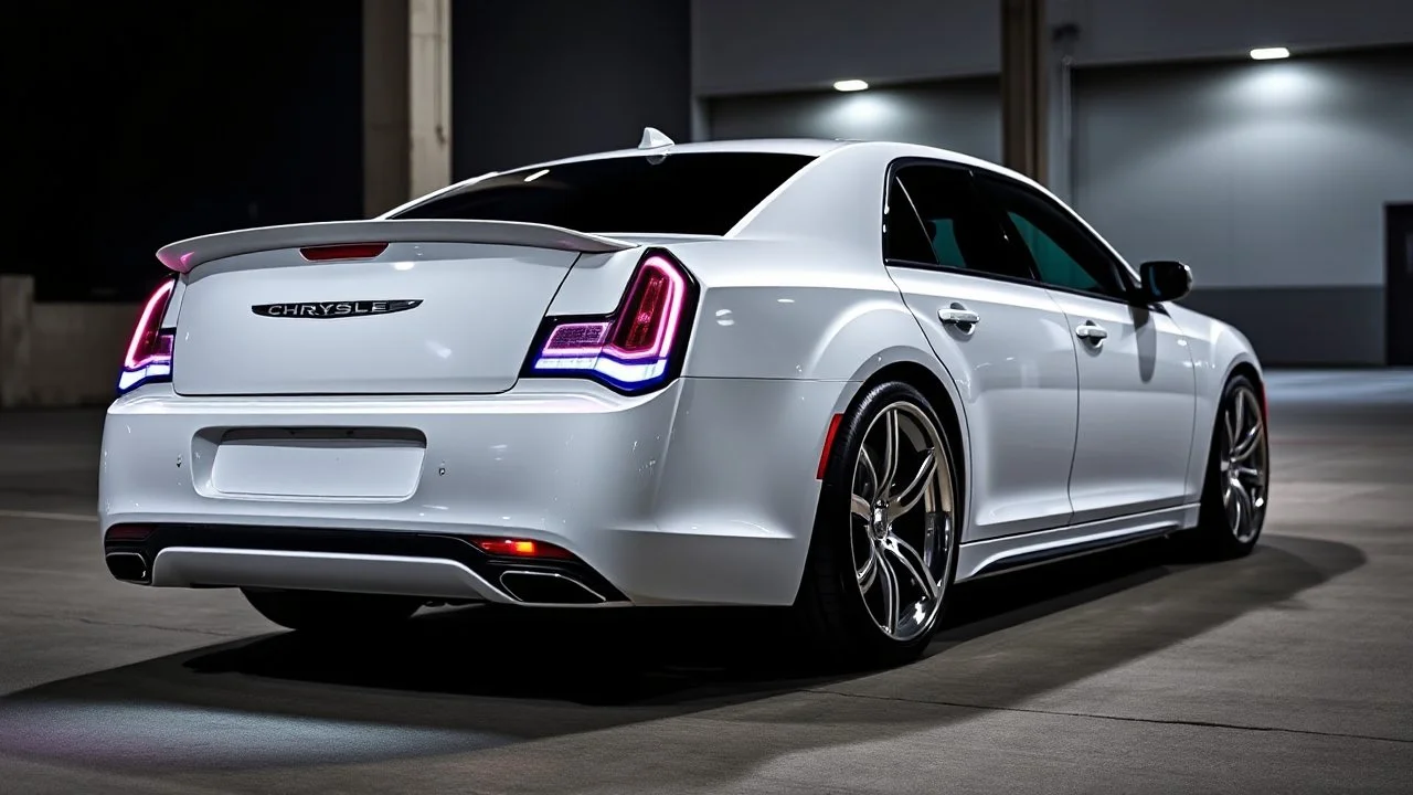 "A sleek white Chrysler 300 with custom LED headlights and smoked taillights, featuring a mesh grille in chrome with black accents. It has a subtle carbon fiber ducktail spoiler, sitting on 22” multi-spoke concave wheels in brushed silver. The suspension is lowered slightly for a more aggressive stance, while the body is painted a glossy black. The interior boasts custom leather upholstery with ambient lighting for a refined, luxurious look."