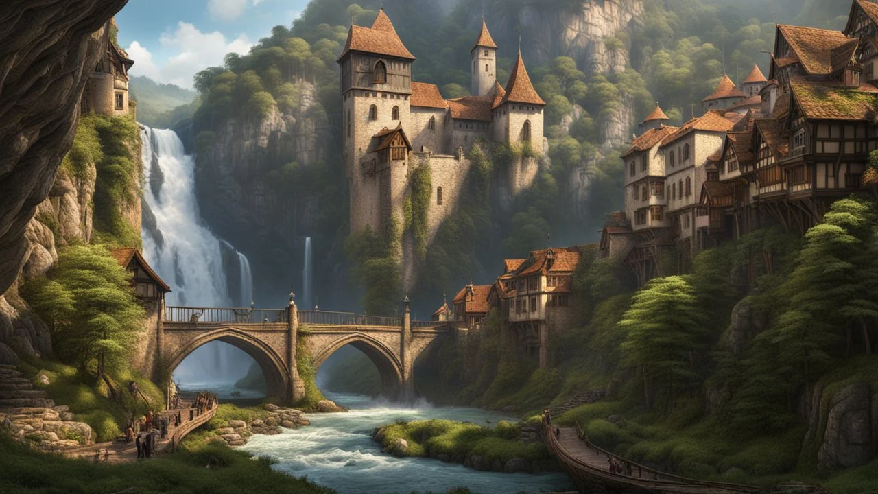 a medieval town at the foot of a waterfall at the end of a steep, narrow, tall ravine. a masterpiece, fantasy concept art, dynamic lighting, hyperdetailed, intricately detailed, deep color, Unreal Engine, volumetric lighting, Epic cinematic brilliant stunning intricate meticulously detailed dramatic atmospheric maximalist digital matte painting