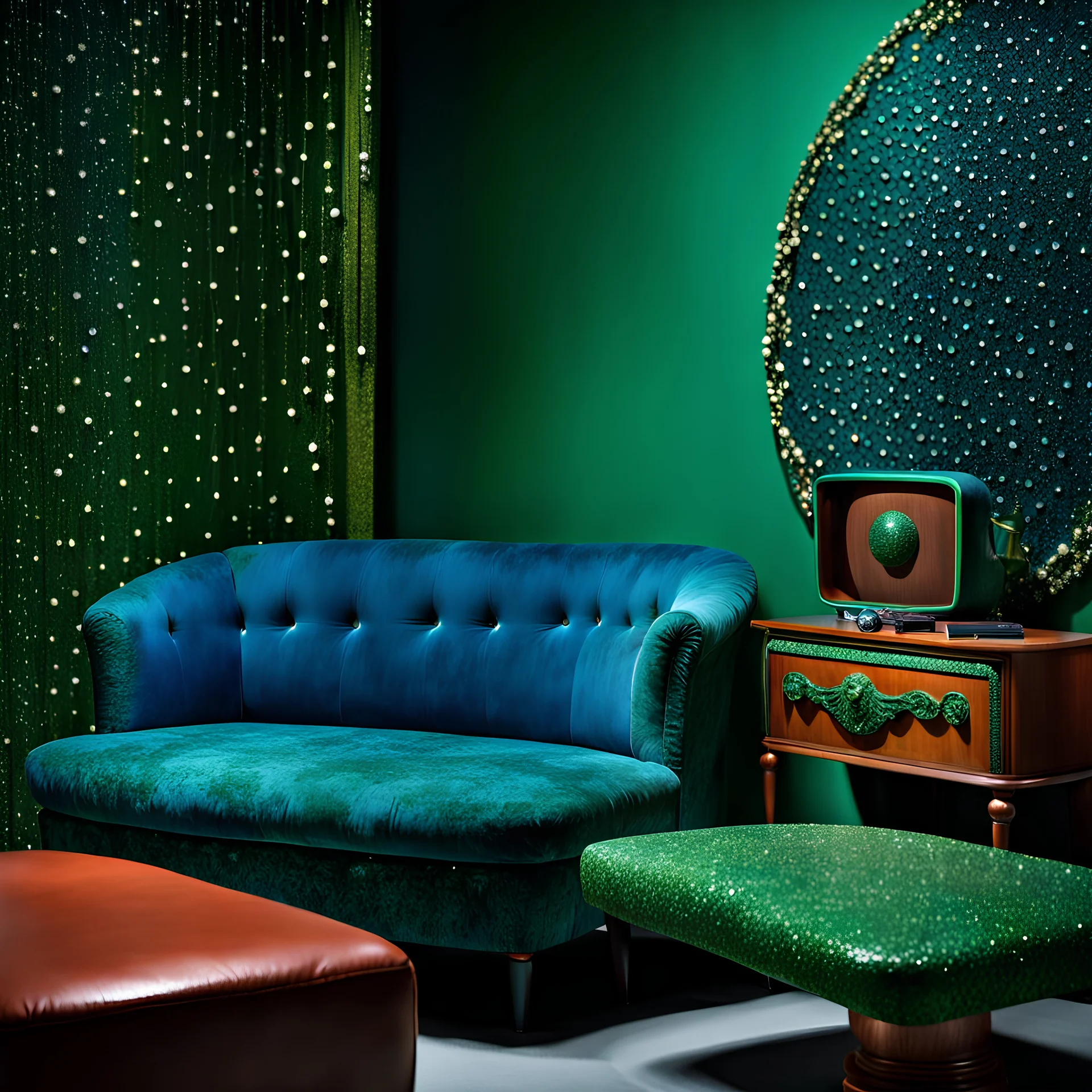 Detailed cozy odd furniture made of modeling clay, naïve, TV studio 1950's shot, Italian 1960's design, extreme detail, Max Ernst, green and blue, rich moody colors, sparkles, hypnotic