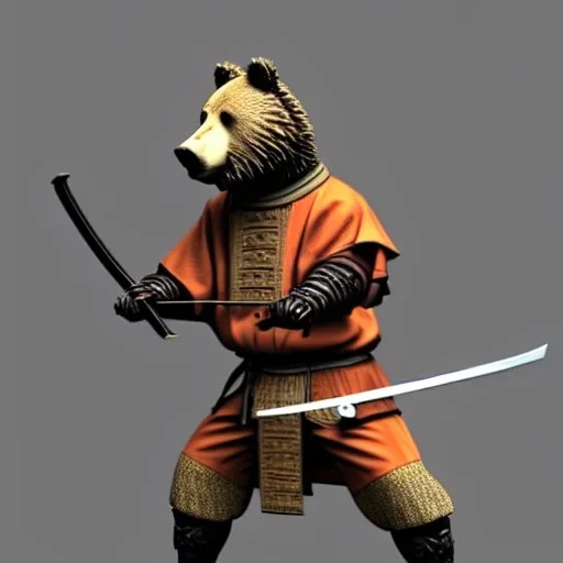 Un ours, anthropomorphique, habillé comme un samurai, portant un katana très detaillé, réaliste, très détaillé, représentation 3d, très précis.