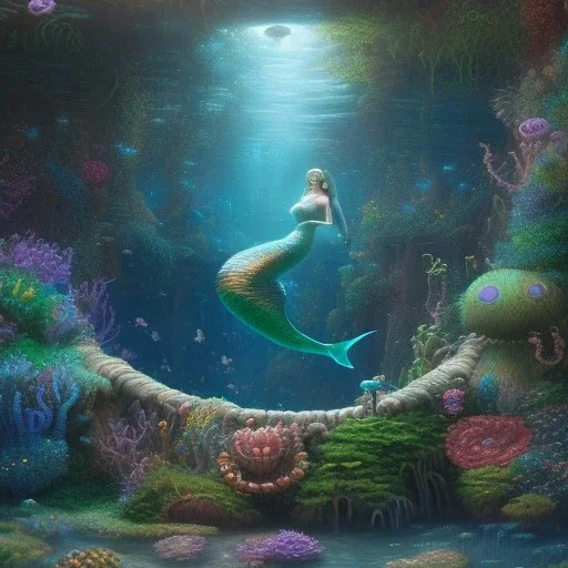 pixar style, volumetric sunken temple environment and background, realistic painting of a mermaid, looking excited, detailed digital painting, extreme dense and fine fur, anime, ornate, colour-washed colors, elegant, small minutiae, tiny features, particulars, centered, smooth, sharp focus, renderman gofur render, 8k, uhd, detailed eyes, realistic shaded volumetric lighting, sunlight caustics, backlight, centered camera view