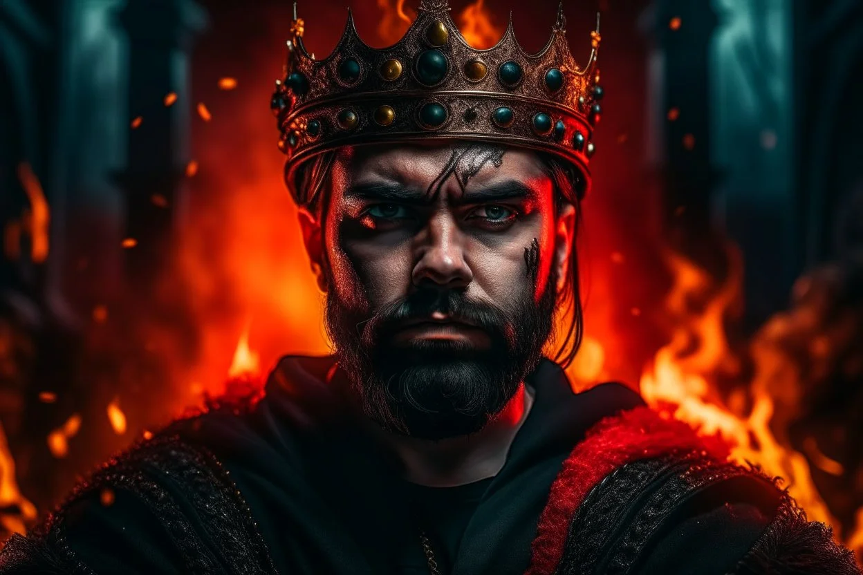 Portrait roi conquerant cyberpunk, cheveux noirs, barbe, yeux rouges, porte une couronne en feu, belgique en feu arriere plan