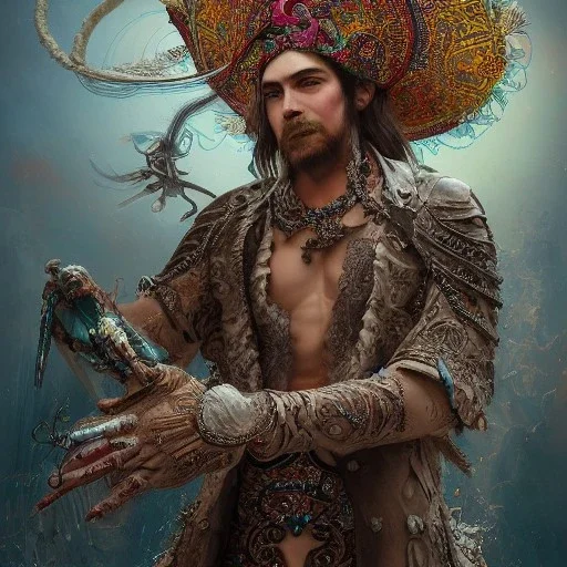 Insanely detailed photograph of an “portrait of a midevil cowboy god ” with intricate Sombrero, intricate embroidered charo, beautiful clear face and hyperdetailed painting by Ismail Inceoglu Huang Guangjian and Dan Witz CGSociety ZBrush Central fantasy art album cover art,8K, hdr, romantic, mysterious, ominous, cigar smoke, jewelry, comfort, natural eyes,naked,tasteful