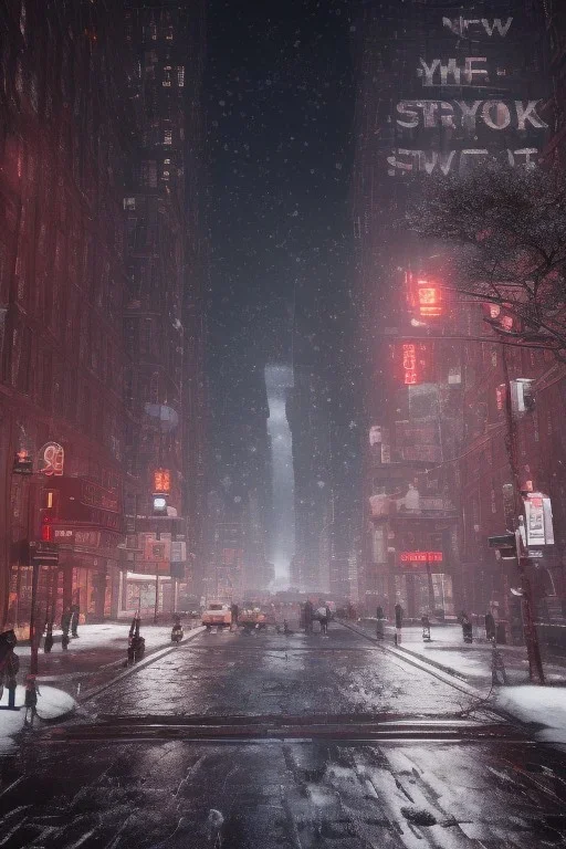 New York street, Realistic night christmas, snow, 4k, big tree christimas