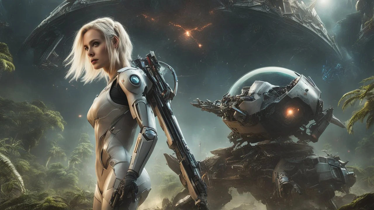 Wide-angle, full body of a woman, with straight blond hair, dressed like a robot, with equipment in her hands, next to a crashed spaceship, on an alien jungle world in the multiverse